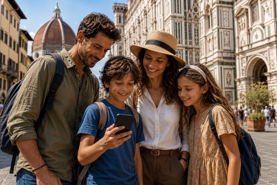 Family looking at their phone in front of Florence's Duomo